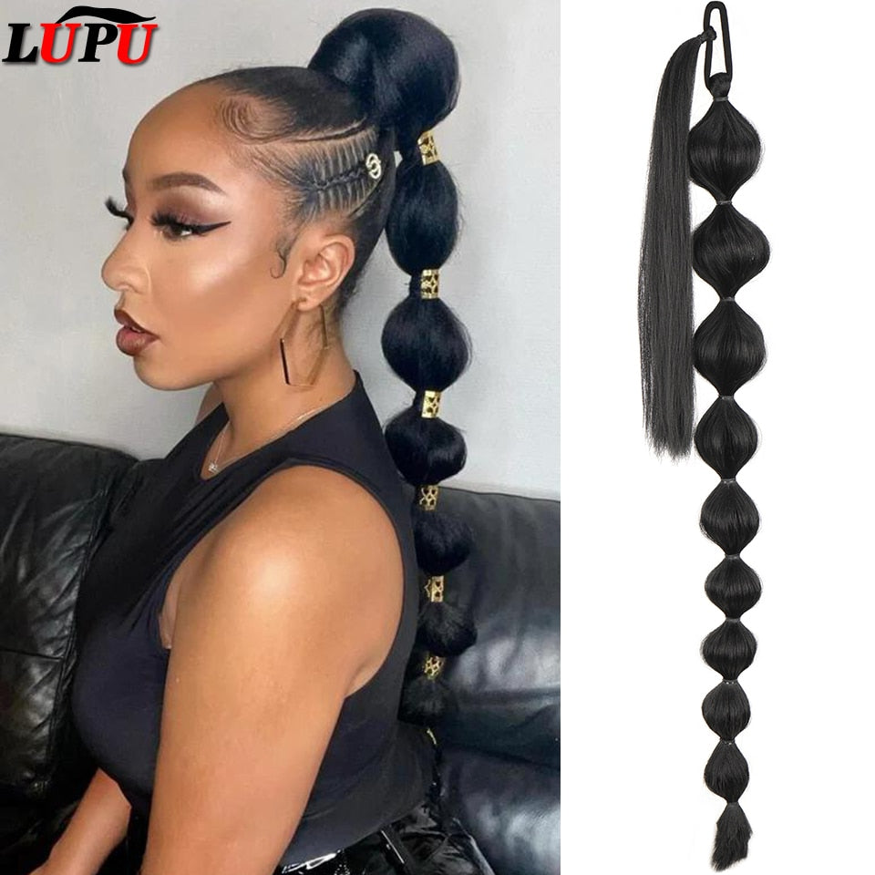 LUPU Synthetic Ponytail Bubble Warp Around Hair Extensions Natural Fake Hair Pieces For Women Long Black Lantern Bubble Ponytail