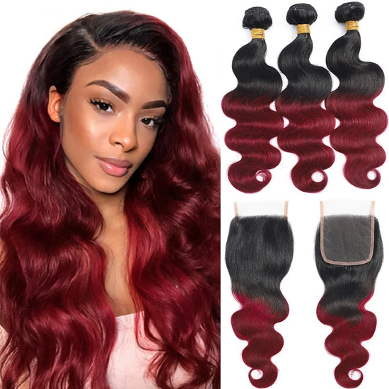 Ombre Body Wave Bundles With Closure 1B/99J Human Hair Bundles With Closure Brazilian Burgundy Bundles with Closure