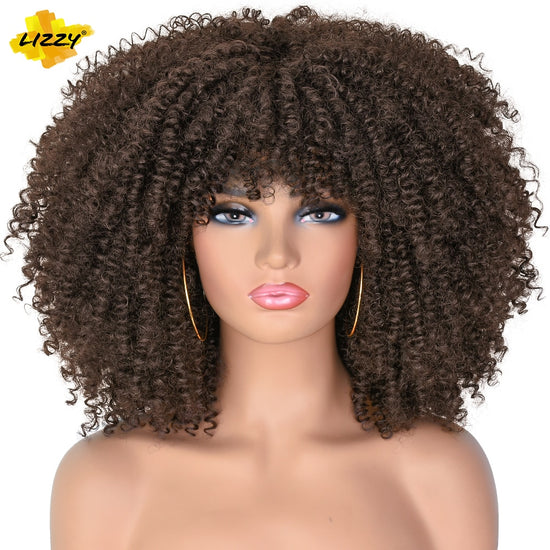 LIZZY Short Afro Kinky Curly Wigs With Bangs For Black Women African Synthetic Ombre Brown Cosplay Wig High Temperature Glueless