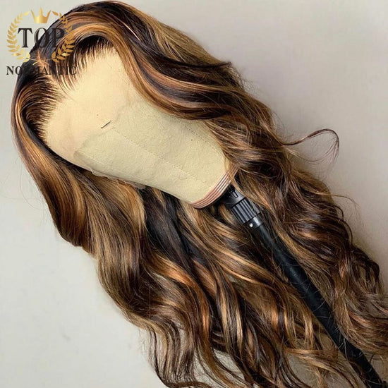 Topnormantic Highlight Color Brazilian Remy Human Hair Wigs with Baby Hair 13x4 Lace Front Blonde Color Loose Wave Wig