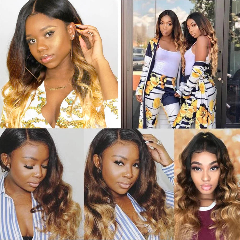 Ombre Body Wave Bundles With Frontal T1b/4/27 Colored Bundles With Frontal Brazilian Hair Bundles With Lace Frontal Closure