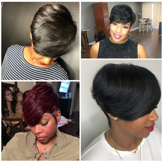 Short Human Hair Wigs Pixie Cut Straight Remy Brazilian Hair for Black Women Machine Made Highlight Color Cheap Glueless Wig