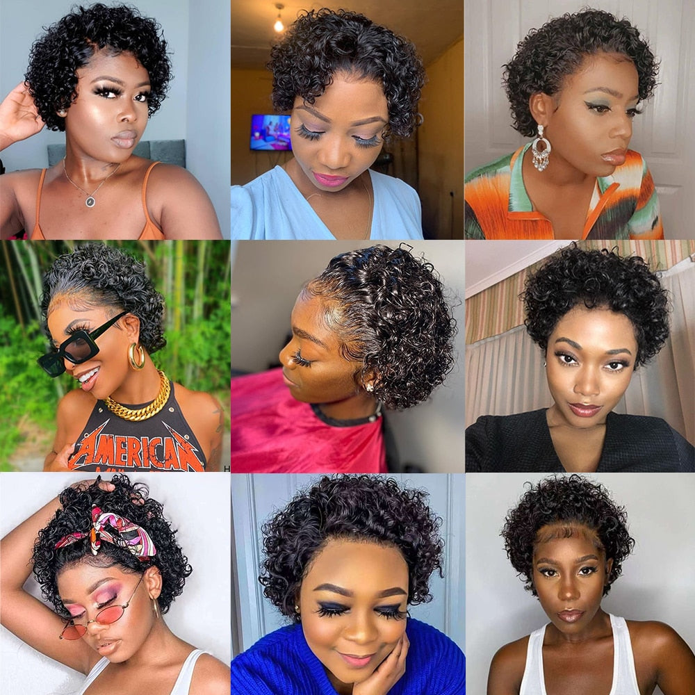 Pixie Cut Wig Human Hair Brazilian Short Curly Bob Human Hair Wigs Transparent Lace Wigs for Women Cheap Glueless Black Color