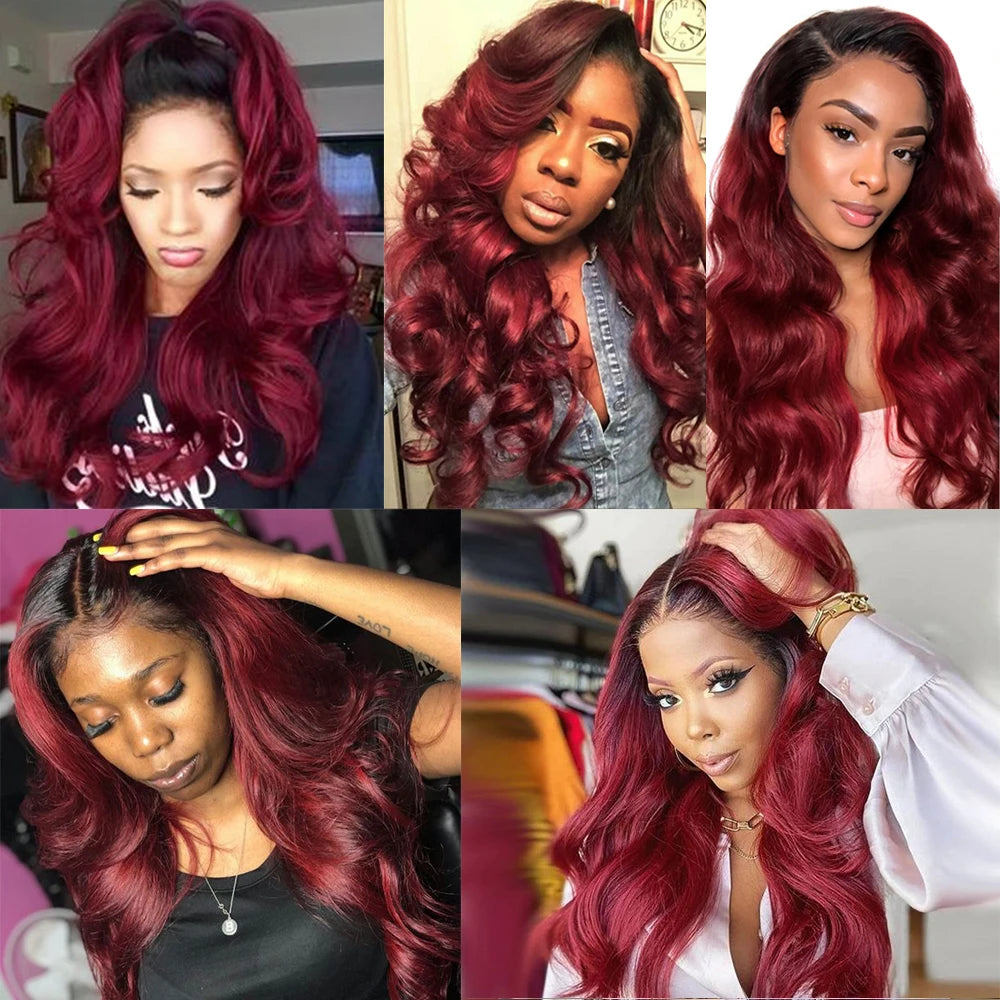 Ombre Body Wave Bundles With Closure 1B/99J Human Hair Bundles With Closure Brazilian Burgundy Bundles with Closure
