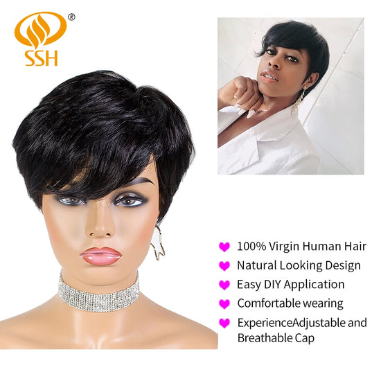 Short Human Hair Wigs Pixie Cut Straight Remy Brazilian Hair for Black Women Machine Made Highlight Color Cheap Glueless Wig