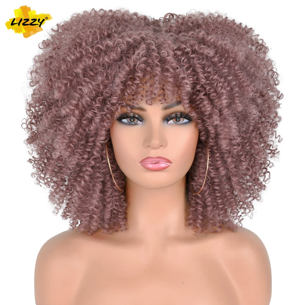 LIZZY Short Afro Kinky Curly Wigs With Bangs For Black Women African Synthetic Ombre Brown Cosplay Wig High Temperature Glueless