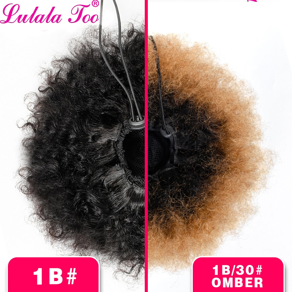 Yepei Afro Drawstring Ponytail Human Hair African Puff Hair Bun Clip In Extensions Kinky Curly Pony tail Remy 8 Inch