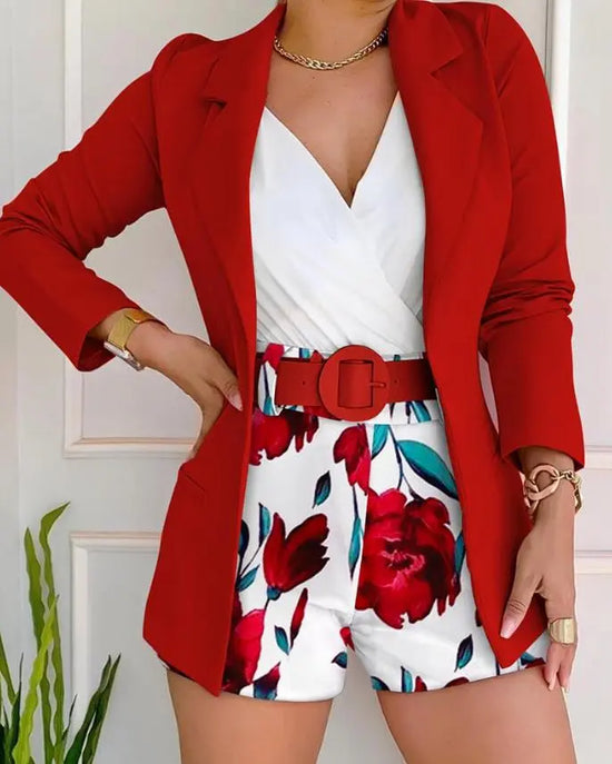 Long Sleeve Blazer & Floral Print Shorts Set with Belt Women Casual New Fashion 2023 Female Clothing Outfits Suit