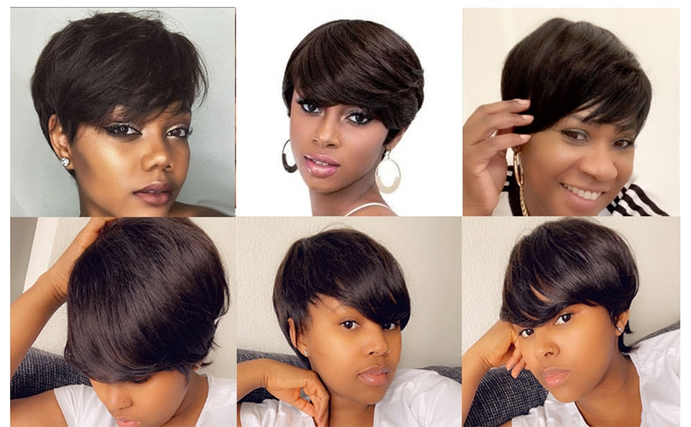 Short Human Hair Wigs Pixie Cut Straight Remy Brazilian Hair for Black Women Machine Made Highlight Color Cheap Glueless Wig