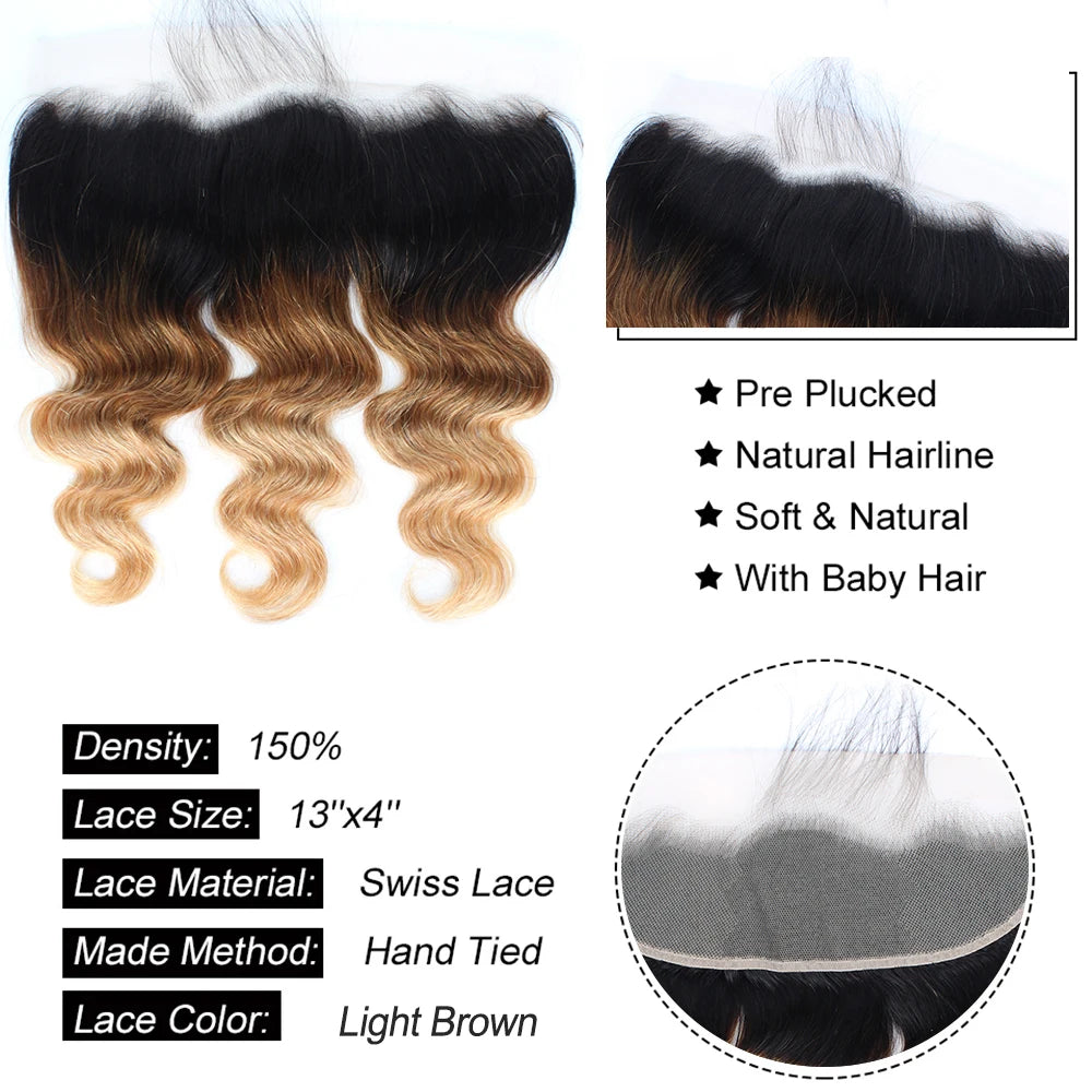 Ombre Body Wave Bundles With Frontal T1b/4/27 Colored Bundles With Frontal Brazilian Hair Bundles With Lace Frontal Closure