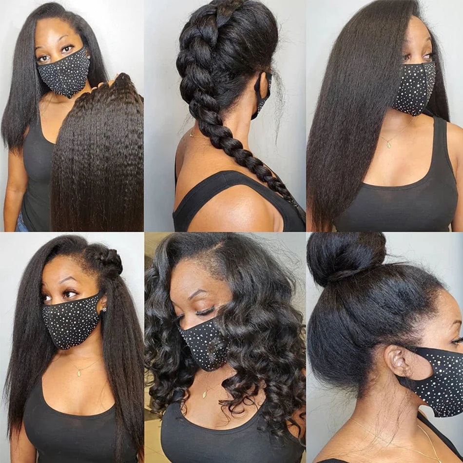 12A Mongolian Kinky Straight 3 Bundles With Closure Human Hair Bundles With HD Frontal Yaki Straight Weave Bundles With Frontal