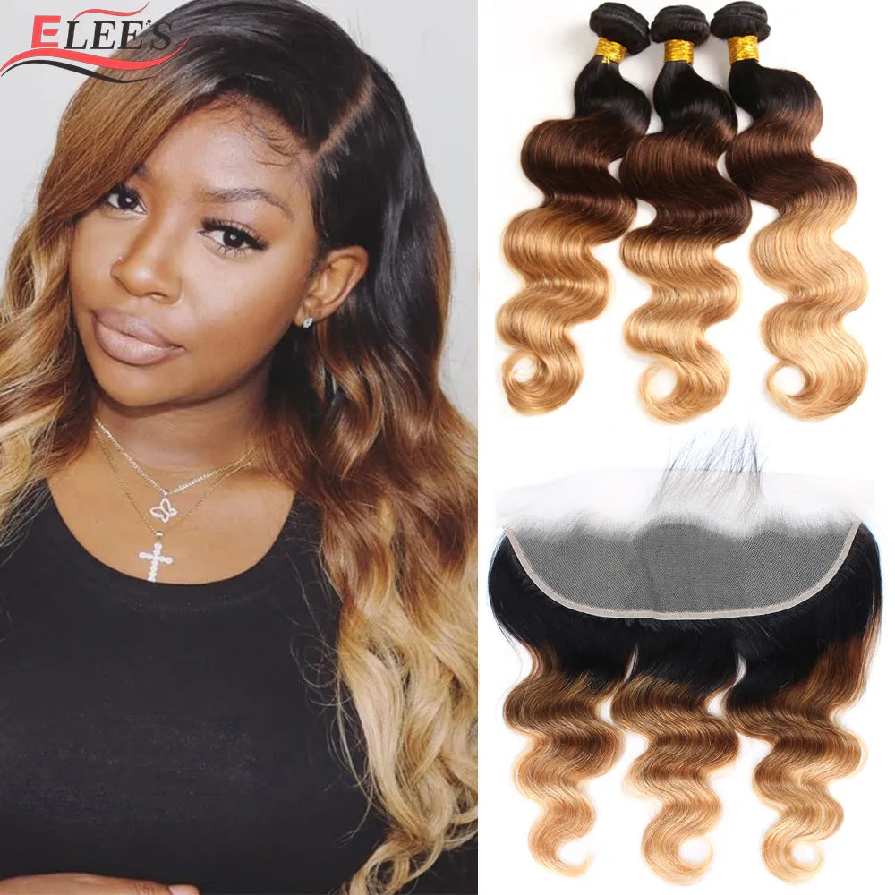 Ombre Body Wave Bundles With Frontal T1b/4/27 Colored Bundles With Frontal Brazilian Hair Bundles With Lace Frontal Closure