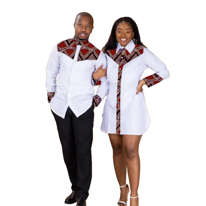 African Print Couples Dress Shirt Nigerian Fashion Colorful Patchwork Male Long Sleeves Turn Down Collar Unisex Tops