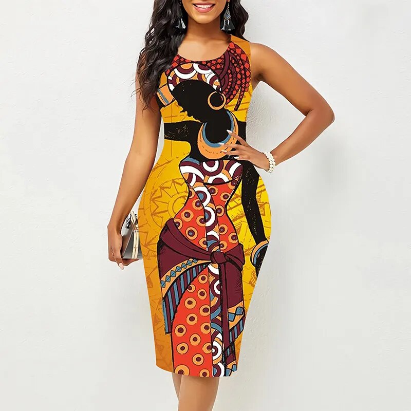 Summer African Black Girl 3D Print Knee Length Dresses New Women Slim Fit Party Dress Sleeveless Elegant Formal Occasion Dresses