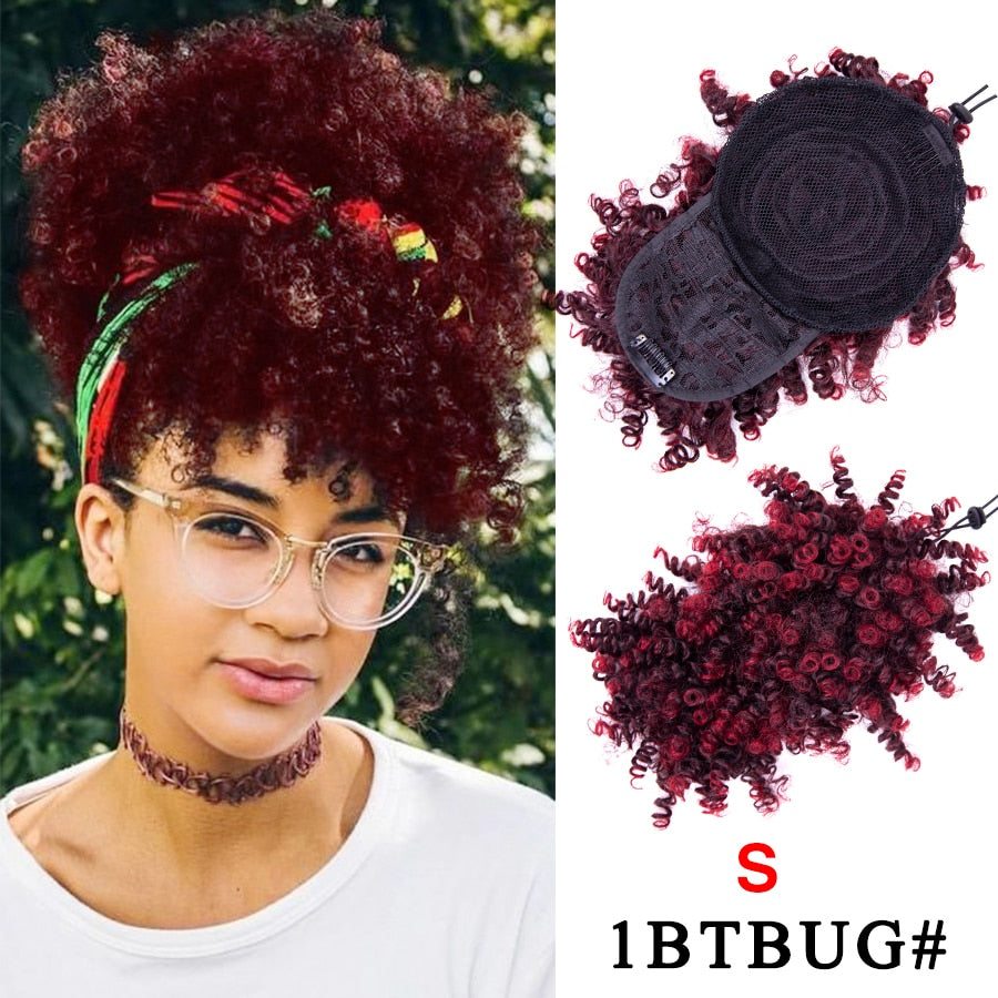 Synthetic Afro Kinky Curly Hair Bangs Puff Hair Bun Drawstring Ponytails Clip On Hair Extension Updo Pineapple Fringe