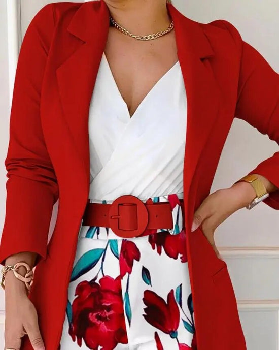 Long Sleeve Blazer & Floral Print Shorts Set with Belt Women Casual New Fashion 2023 Female Clothing Outfits Suit