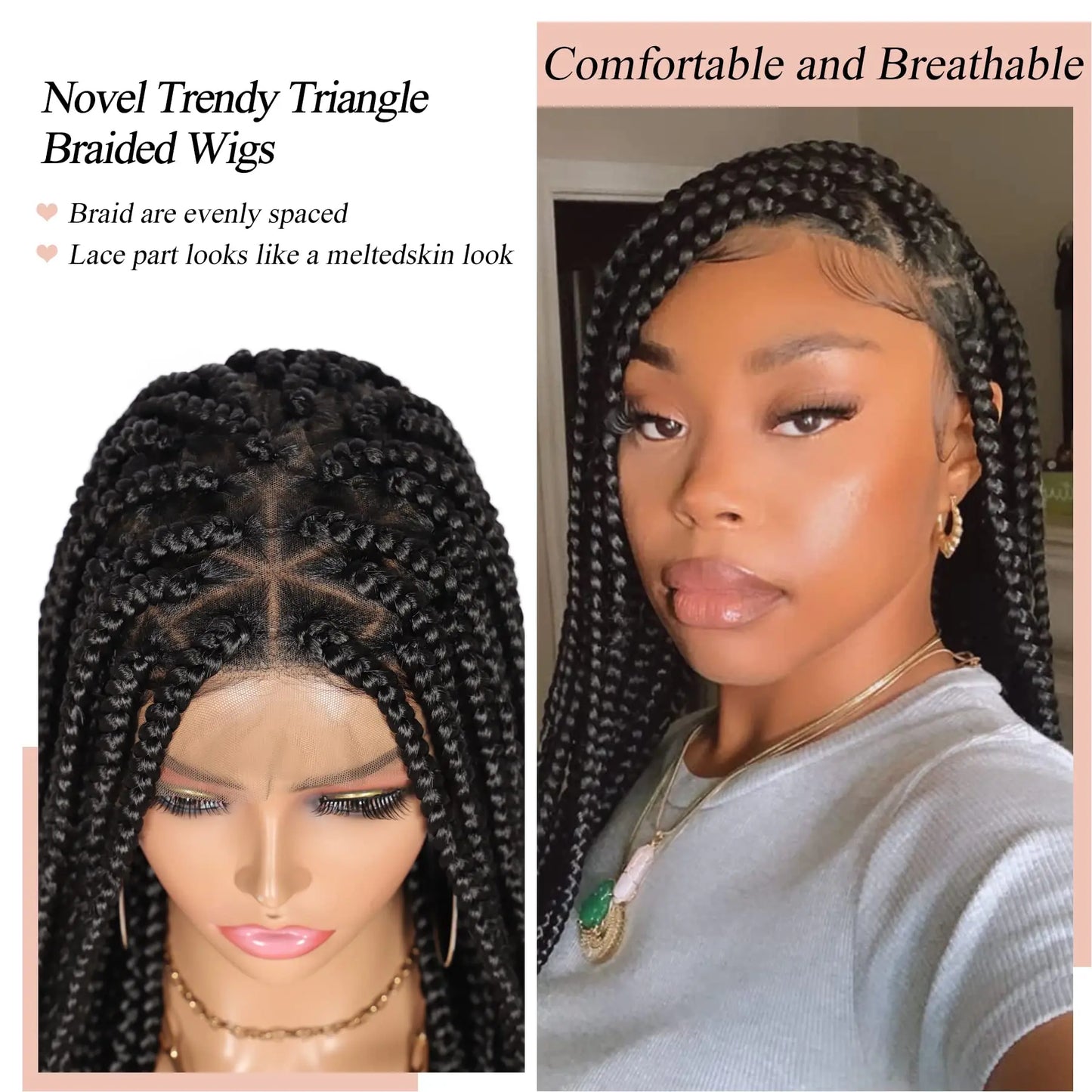 Viyskur 36'' Triangle Knotless Box Braided Wigs for Women Box Braided Full Lace Front Wig with Baby Hair Cornrow Braids Wig