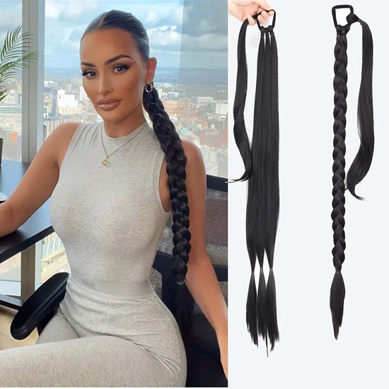 Edalina long Braided ponytail Extension Natural Soft Synthetic Hair Piece Straight Wrap For Woman 150g Heat Resistant,