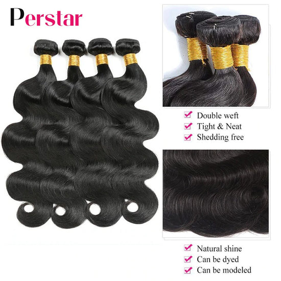 Perstar Brazilian Body Wave Bundles Human Hair Extensions 1/3/4 PCS Human Hair Bundles Body Weave Natural /Jet Black 30 Inch
