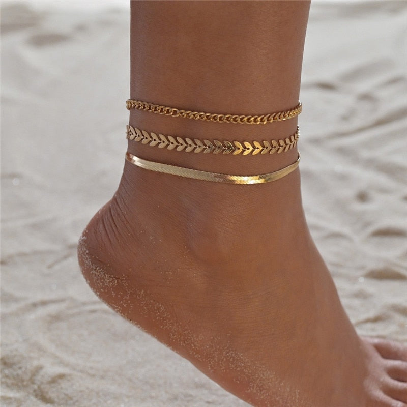 LETAPI 3pcs/set Gold Color Simple Chain Anklets For Women Beach Foot Jewelry Leg Chain Ankle Bracelets Women Accessories