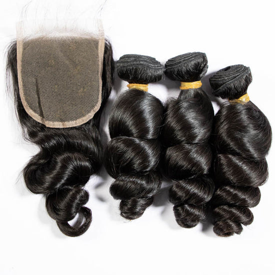 Edalina Loose Wave Bundles with Closure Unprocessed Remy Human Hair Bundles Brazilian Hair Weave 3 Bundles & 4x4 Lace Closure