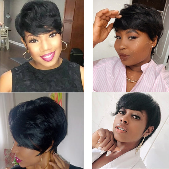 Short Human Hair Wigs Pixie Cut Straight Remy Brazilian Hair for Black Women Machine Made Highlight Color Cheap Glueless Wig