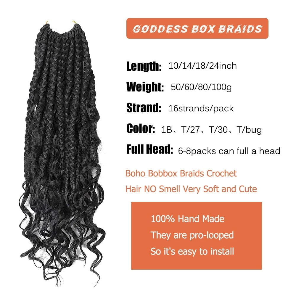 8 Packs 14 Inch Goddess Boho Box Braids Gypsy Bohemian Braids With Wavy  Curly Ends Pre-looped Synthetic Crochet Hair For Black Women1b