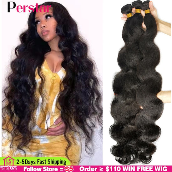 Perstar Brazilian Body Wave Bundles Human Hair Extensions 1/3/4 PCS Human Hair Bundles Body Weave Natural /Jet Black 30 Inch